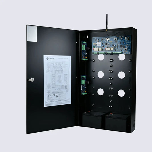 Brivo ACS6100 large enclosure with ACS6000 main control board and dual power supplies, supporting up to six expansion boards for enterprise access control deployments.